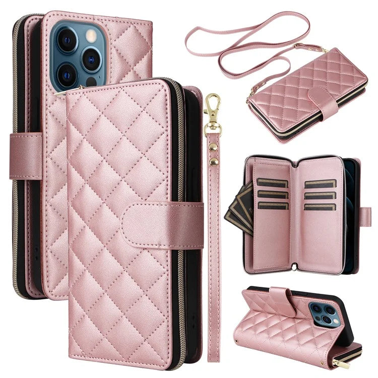 For iPhone 12 Pro Max Wallet Case Rhombus Grid Leather Phone Cover with Short / Long Straps