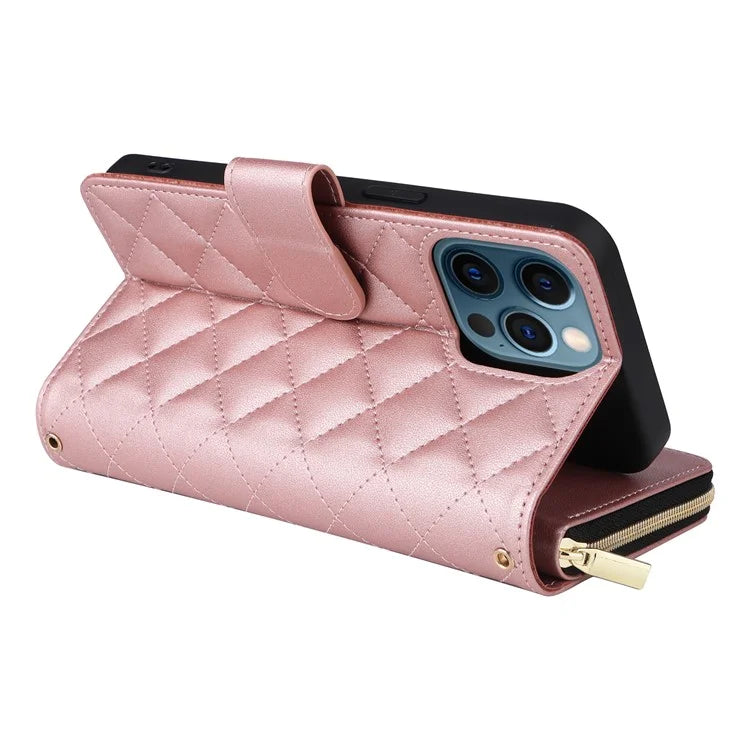 For iPhone 12 Pro Max Wallet Case Rhombus Grid Leather Phone Cover with Short / Long Straps