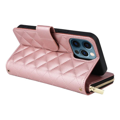For iPhone 12 Pro Max Wallet Case Rhombus Grid Leather Phone Cover with Short / Long Straps