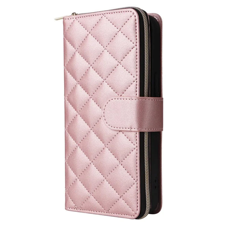 For iPhone 12 Pro Max Wallet Case Rhombus Grid Leather Phone Cover with Short / Long Straps