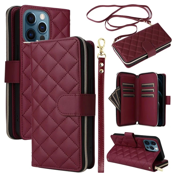 For iPhone 12 Pro Max Wallet Case Rhombus Grid Leather Phone Cover with Short / Long Straps