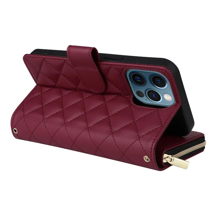 For iPhone 12 Pro Max Wallet Case Rhombus Grid Leather Phone Cover with Short / Long Straps