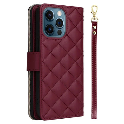 For iPhone 12 Pro Max Wallet Case Rhombus Grid Leather Phone Cover with Short / Long Straps