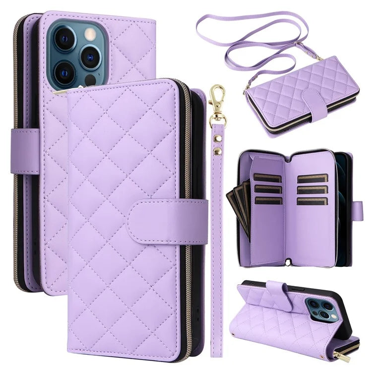 For iPhone 12 Pro Max Wallet Case Rhombus Grid Leather Phone Cover with Short / Long Straps