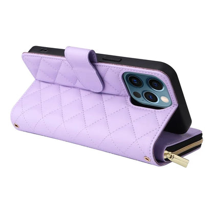 For iPhone 12 Pro Max Wallet Case Rhombus Grid Leather Phone Cover with Short / Long Straps