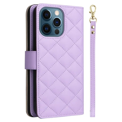 For iPhone 12 Pro Max Wallet Case Rhombus Grid Leather Phone Cover with Short / Long Straps