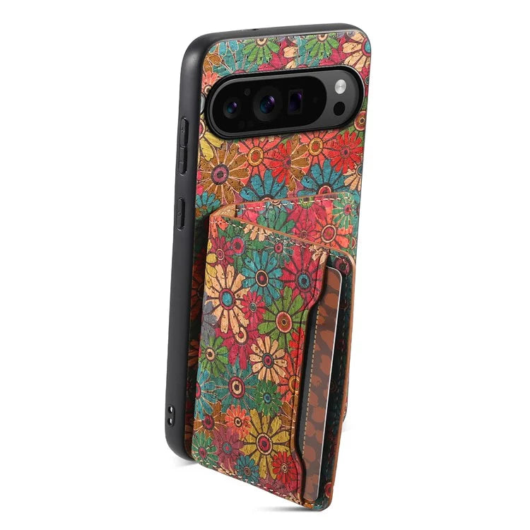 For Google Pixel 9 Pro / Pixel 9 Kickstand Cases Floral Pattern Card Slot PU+TPU+PC Phone Cover