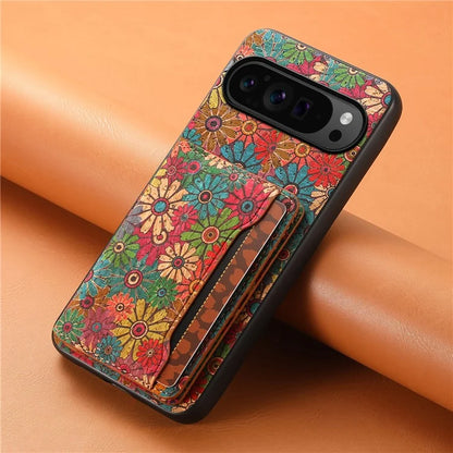 For Google Pixel 9 Pro / Pixel 9 Kickstand Cases Floral Pattern Card Slot PU+TPU+PC Phone Cover