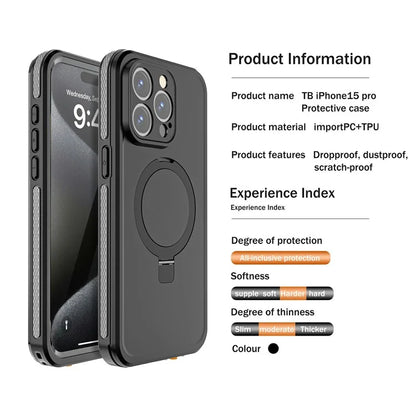 TB For iPhone 15 Pro Max Case IP68 Waterproof Dustproof Shockproof Phone Cover with Magnetic Kickstand