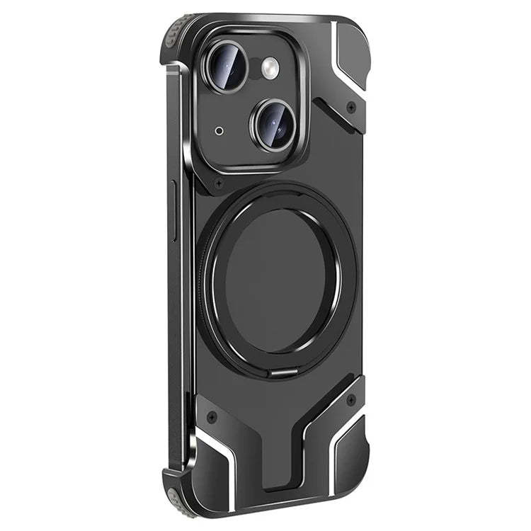 For iPhone 15 Plus Magnetic Case Borderless PC Back Phone Cover with Ring Kickstand