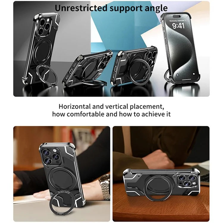 For iPhone 15 Pro Max Magnetic Case Frameless Back Phone Cover with Ring Kickstand