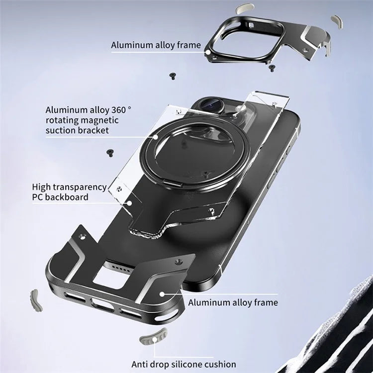 For iPhone 15 Pro Max Magnetic Case Frameless Back Phone Cover with Ring Kickstand
