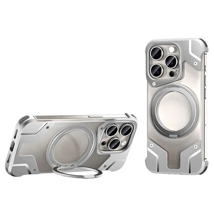 For iPhone 15 Pro Max Magnetic Case Frameless Back Phone Cover with Ring Kickstand Silver