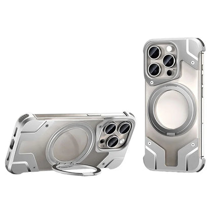 For iPhone 15 Pro Max Magnetic Case Frameless Back Phone Cover with Ring Kickstand Silver