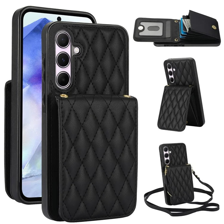 For Samsung Galaxy A55 5G Card Slots Case Rhombus Leather + TPU Phone Cover with Crossbody Strap