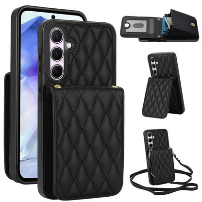 For Samsung Galaxy A55 5G Card Slots Case Rhombus Leather + TPU Phone Cover with Crossbody Strap