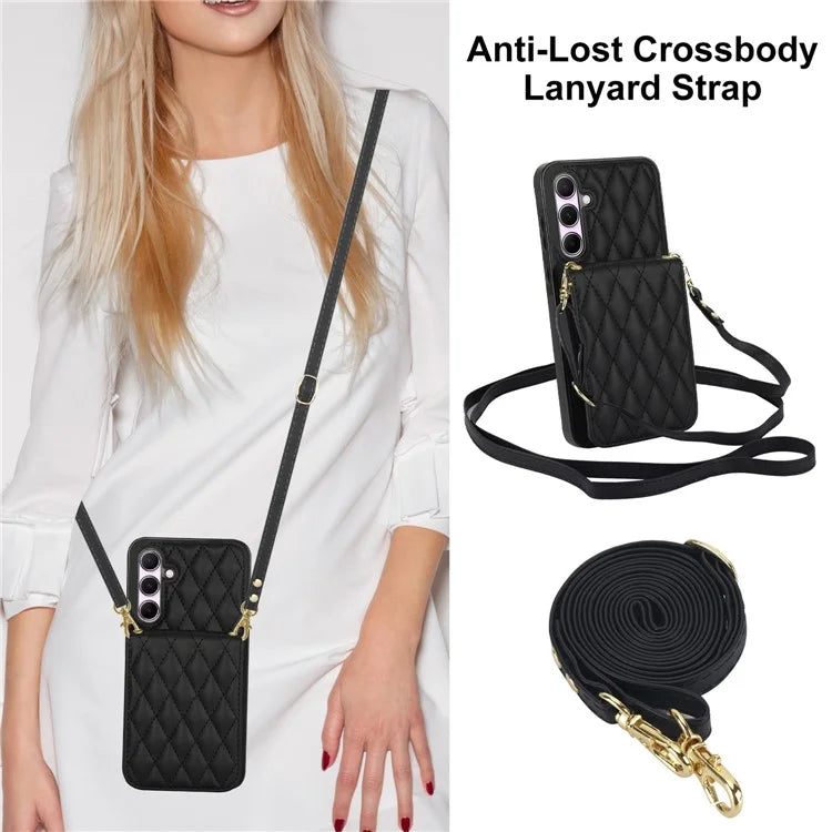 For Samsung Galaxy A55 5G Card Slots Case Rhombus Leather + TPU Phone Cover with Crossbody Strap