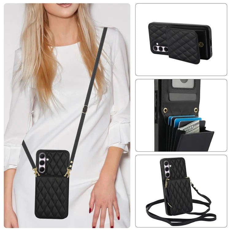 For Samsung Galaxy A55 5G Card Slots Case Rhombus Leather + TPU Phone Cover with Crossbody Strap