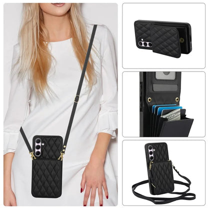 For Samsung Galaxy A55 5G Card Slots Case Rhombus Leather + TPU Phone Cover with Crossbody Strap