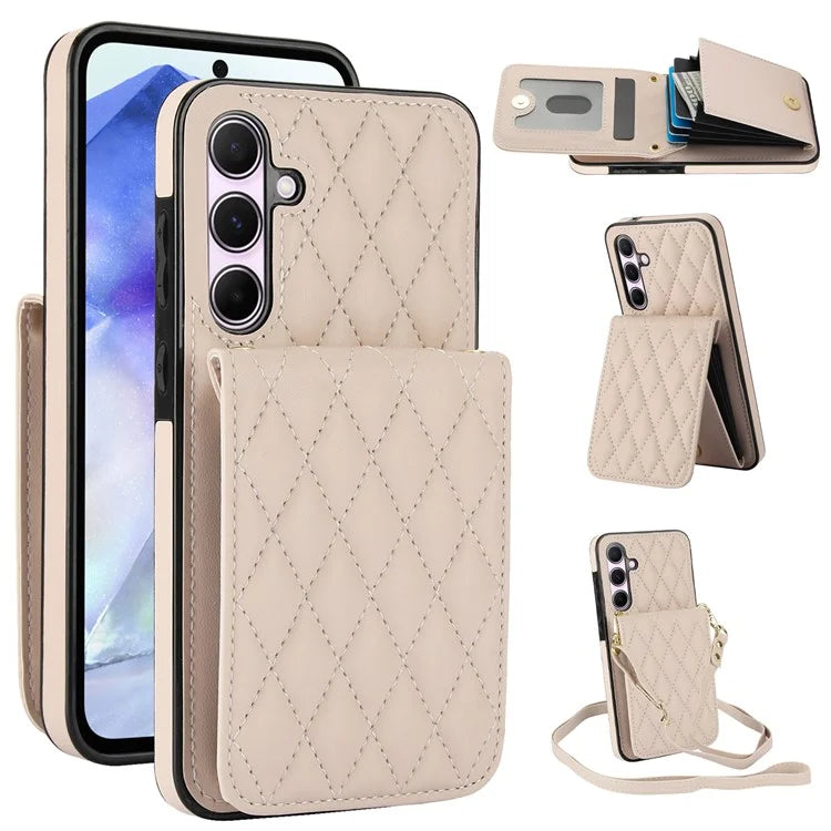For Samsung Galaxy A55 5G Card Slots Case Rhombus Leather + TPU Phone Cover with Crossbody Strap