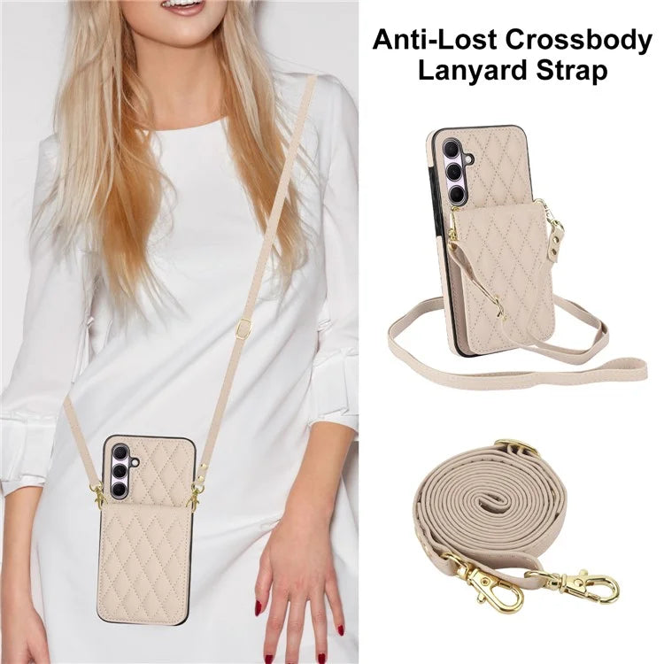 For Samsung Galaxy A55 5G Card Slots Case Rhombus Leather + TPU Phone Cover with Crossbody Strap