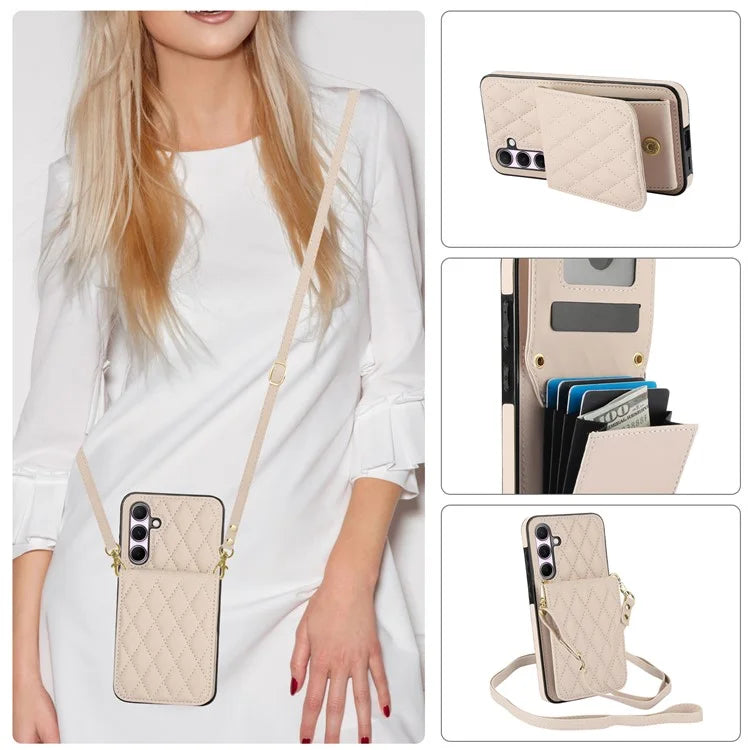 For Samsung Galaxy A55 5G Card Slots Case Rhombus Leather + TPU Phone Cover with Crossbody Strap