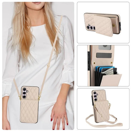 For Samsung Galaxy A55 5G Card Slots Case Rhombus Leather + TPU Phone Cover with Crossbody Strap