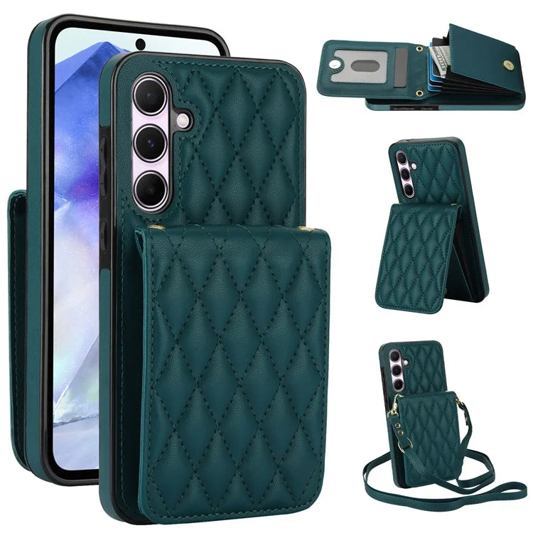 For Samsung Galaxy A55 5G Card Slots Case Rhombus Leather + TPU Phone Cover with Crossbody Strapish Green