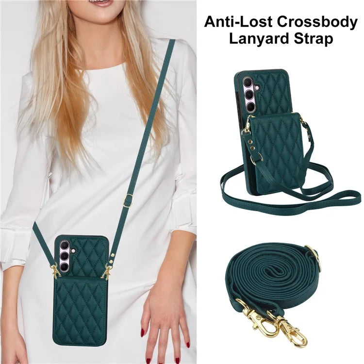 For Samsung Galaxy A55 5G Card Slots Case Rhombus Leather + TPU Phone Cover with Crossbody Strapish Green