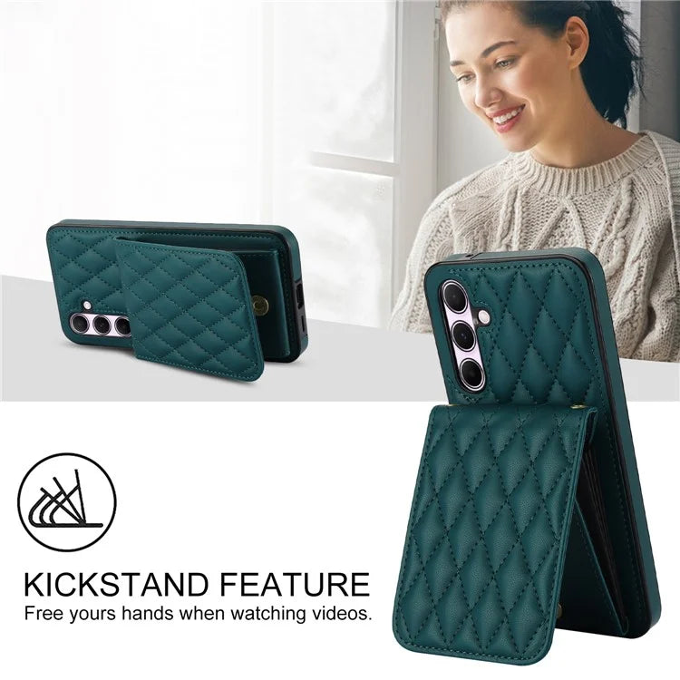 For Samsung Galaxy A55 5G Card Slots Case Rhombus Leather + TPU Phone Cover with Crossbody Strapish Green