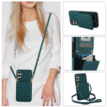 For Samsung Galaxy A55 5G Card Slots Case Rhombus Leather + TPU Phone Cover with Crossbody Strapish Green