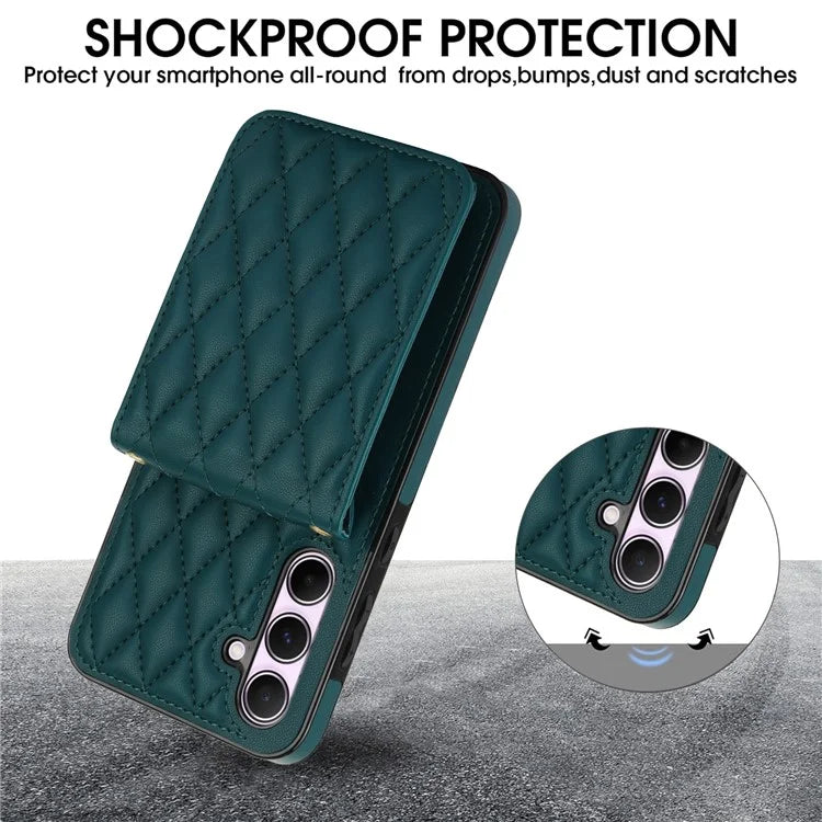 For Samsung Galaxy A55 5G Card Slots Case Rhombus Leather + TPU Phone Cover with Crossbody Strapish Green