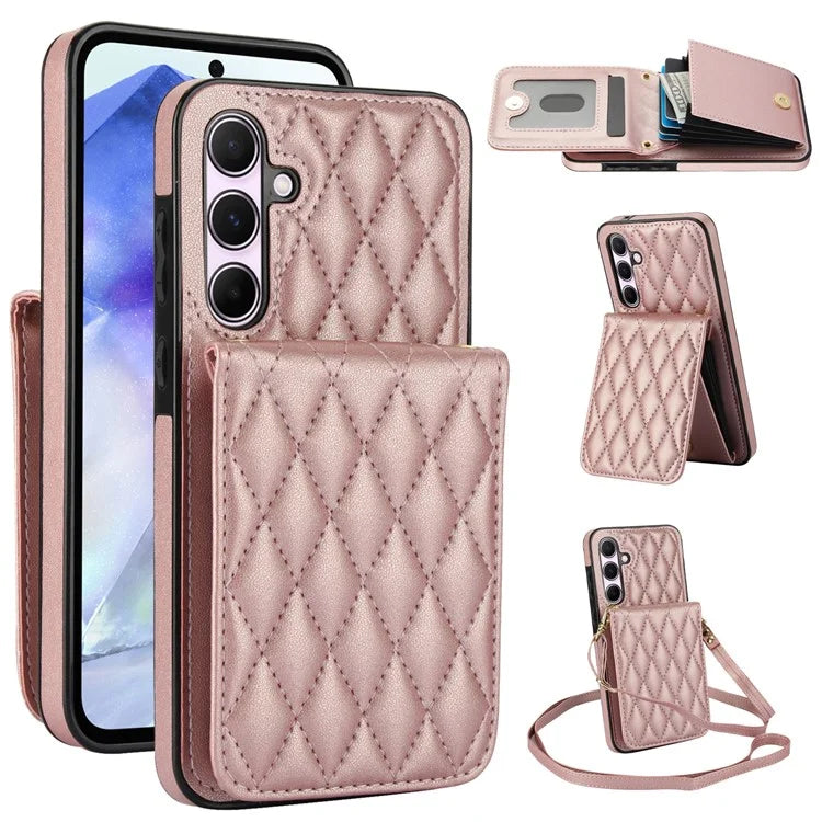 For Samsung Galaxy A55 5G Card Slots Case Rhombus Leather + TPU Phone Cover with Crossbody Strap