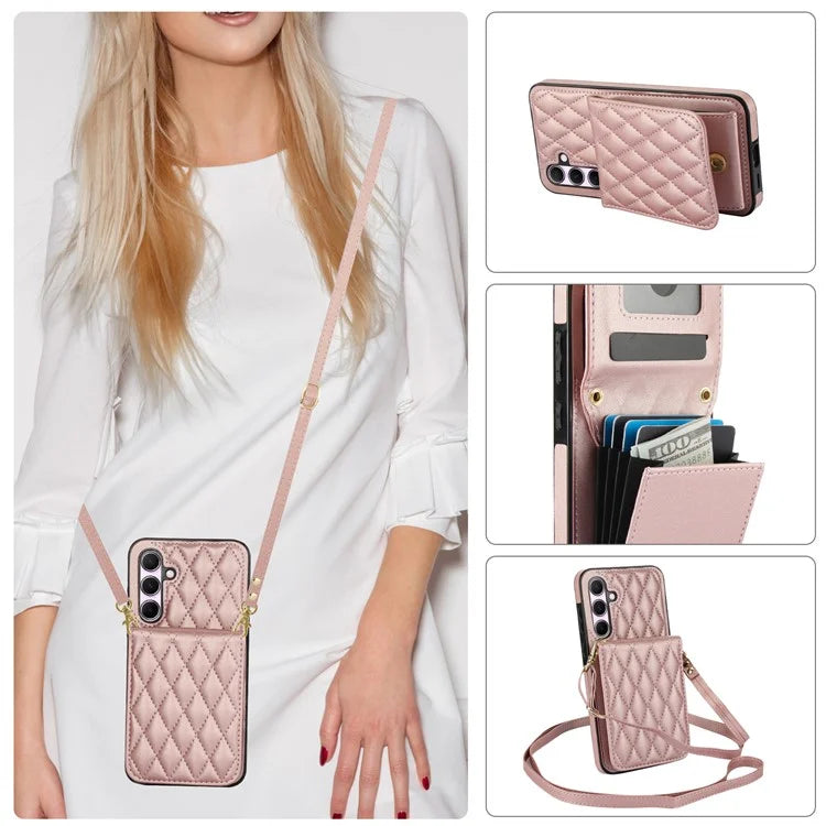 For Samsung Galaxy A55 5G Card Slots Case Rhombus Leather + TPU Phone Cover with Crossbody Strap