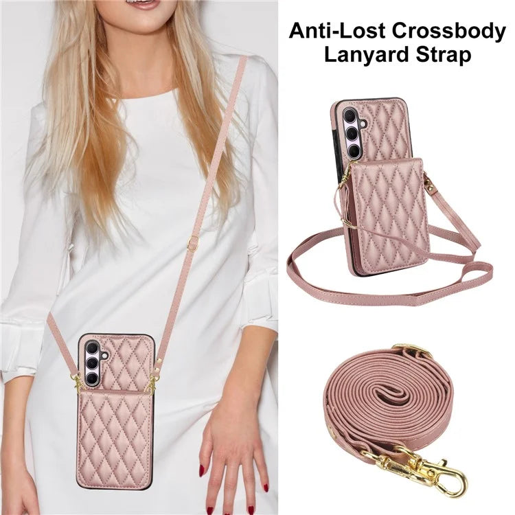 For Samsung Galaxy A55 5G Card Slots Case Rhombus Leather + TPU Phone Cover with Crossbody Strap