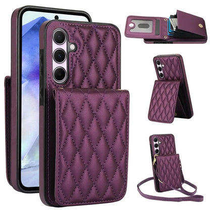 For Samsung Galaxy A55 5G Card Slots Case Rhombus Leather + TPU Phone Cover with Crossbody Strap