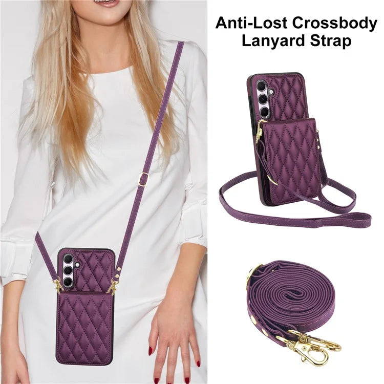 For Samsung Galaxy A55 5G Card Slots Case Rhombus Leather + TPU Phone Cover with Crossbody Strap