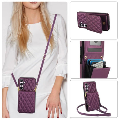 For Samsung Galaxy A55 5G Card Slots Case Rhombus Leather + TPU Phone Cover with Crossbody Strap