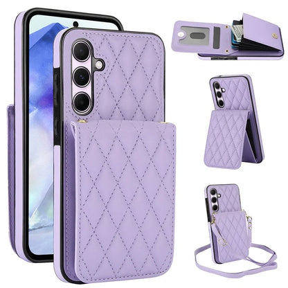 For Samsung Galaxy A55 5G Card Slots Case Rhombus Leather + TPU Phone Cover with Crossbody Strap