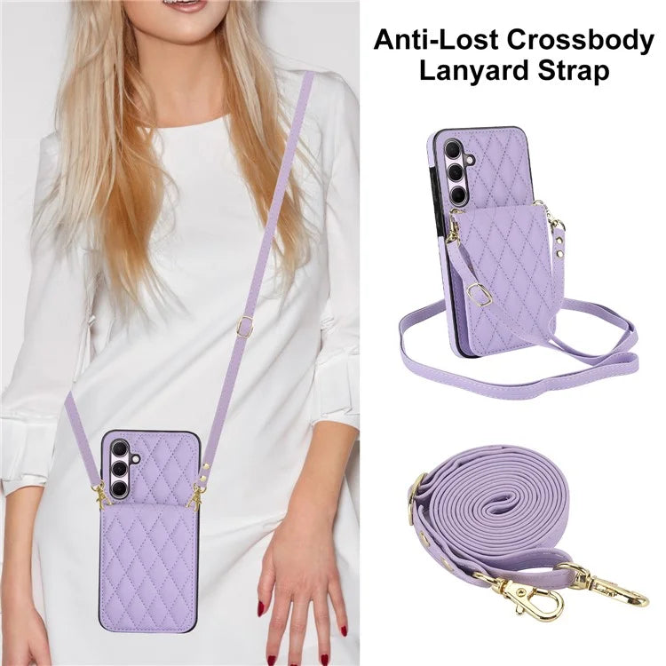 For Samsung Galaxy A55 5G Card Slots Case Rhombus Leather + TPU Phone Cover with Crossbody Strap