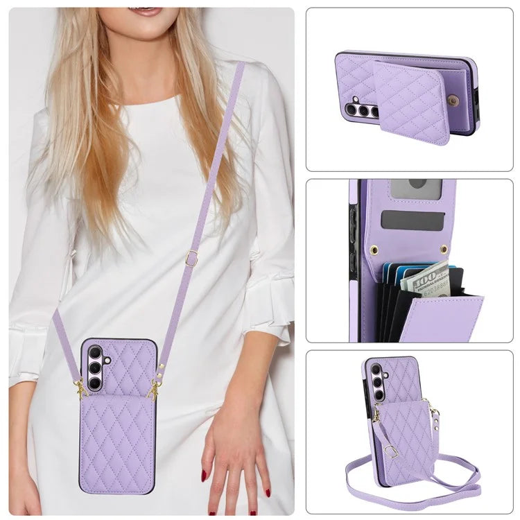 For Samsung Galaxy A55 5G Card Slots Case Rhombus Leather + TPU Phone Cover with Crossbody Strap