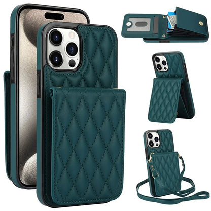 For iPhone 15 Pro Max Case Rhombus Leather + TPU Card Slots Phone Cover with Crossbody Strapish Green
