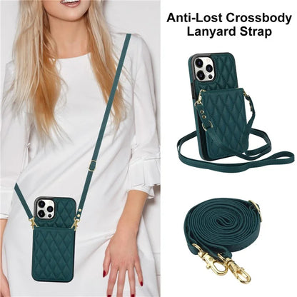 For iPhone 15 Pro Max Case Rhombus Leather + TPU Card Slots Phone Cover with Crossbody Strapish Green