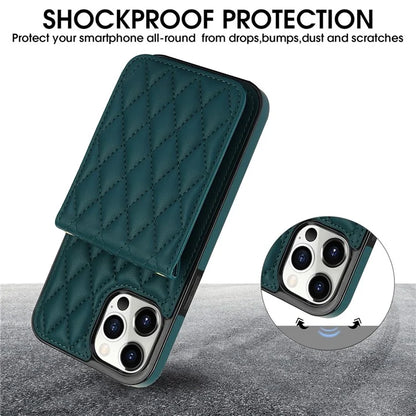 For iPhone 15 Pro Max Case Rhombus Leather + TPU Card Slots Phone Cover with Crossbody Strapish Green