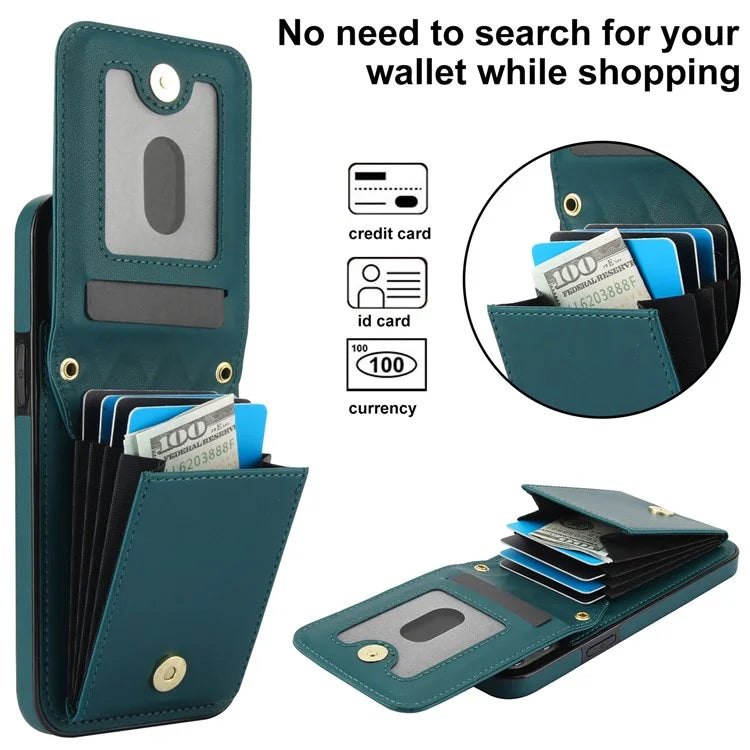 For iPhone 15 Pro Max Case Rhombus Leather + TPU Card Slots Phone Cover with Crossbody Strapish Green