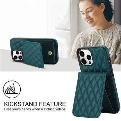 For iPhone 15 Pro Max Case Rhombus Leather + TPU Card Slots Phone Cover with Crossbody Strapish Green