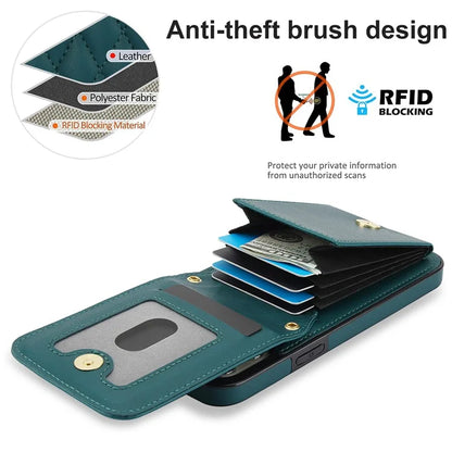 For iPhone 15 Pro Max Case Rhombus Leather + TPU Card Slots Phone Cover with Crossbody Strapish Green