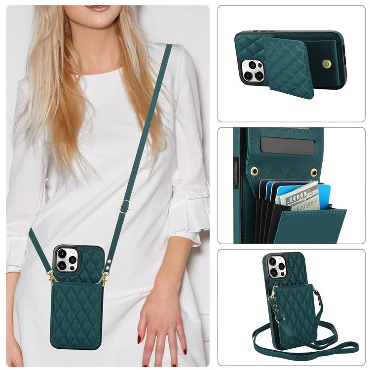 For iPhone 15 Pro Max Case Rhombus Leather + TPU Card Slots Phone Cover with Crossbody Strapish Green