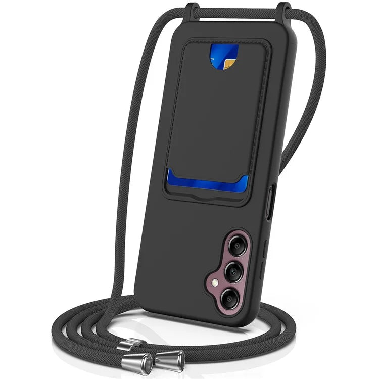For Samsung Galaxy A14 4G / 5G Case Card Holder Liquid Silicone Phone Cover with Lanyard