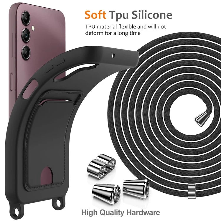 For Samsung Galaxy A14 4G / 5G Case Card Holder Liquid Silicone Phone Cover with Lanyard